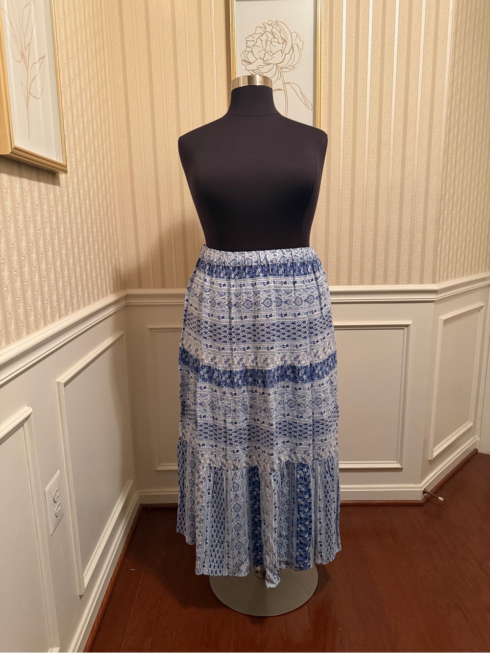 LOFT Blue and White Tiered Maxi Skirt